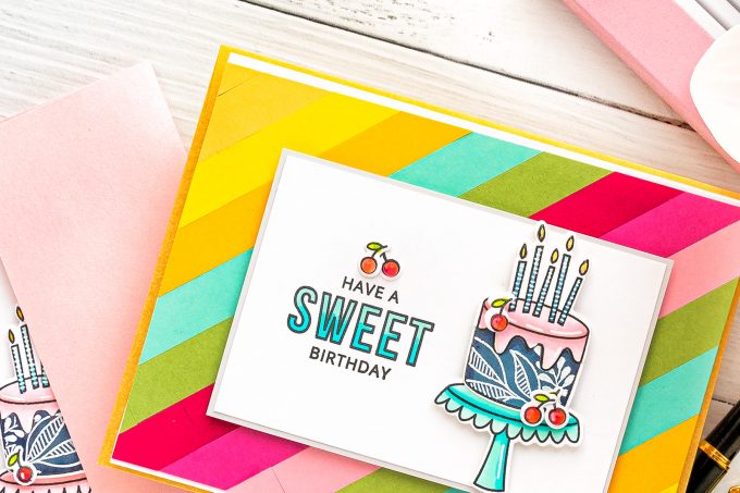 MFT Stamps | DIY Colorful Birthday cards. Video tutorial by Yana Smakula featuring Birthdays Take the Cake stamp set #MFTstamps #BirthdayCard #Cardmaking #Stamping