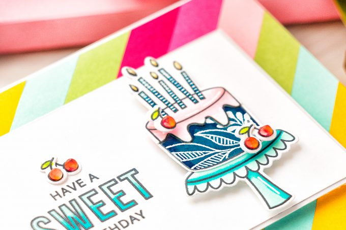 MFT Stamps | DIY Colorful Birthday cards. Video tutorial by Yana Smakula featuring Birthdays Take the Cake stamp set #MFTstamps #BirthdayCard #Cardmaking #Stamping