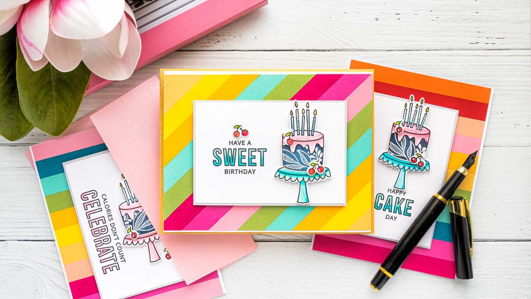 MFT Stamps | DIY Colorful Birthday cards. Video tutorial by Yana Smakula featuring Birthdays Take the Cake stamp set #MFTstamps #BirthdayCard #Cardmaking #Stamping