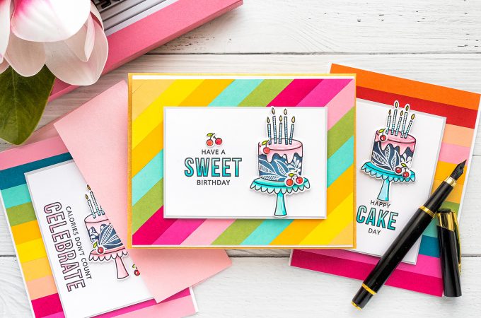 MFT Stamps | DIY Colorful Birthday cards. Video tutorial by Yana Smakula featuring Birthdays Take the Cake stamp set #MFTstamps #BirthdayCard #Cardmaking #Stamping