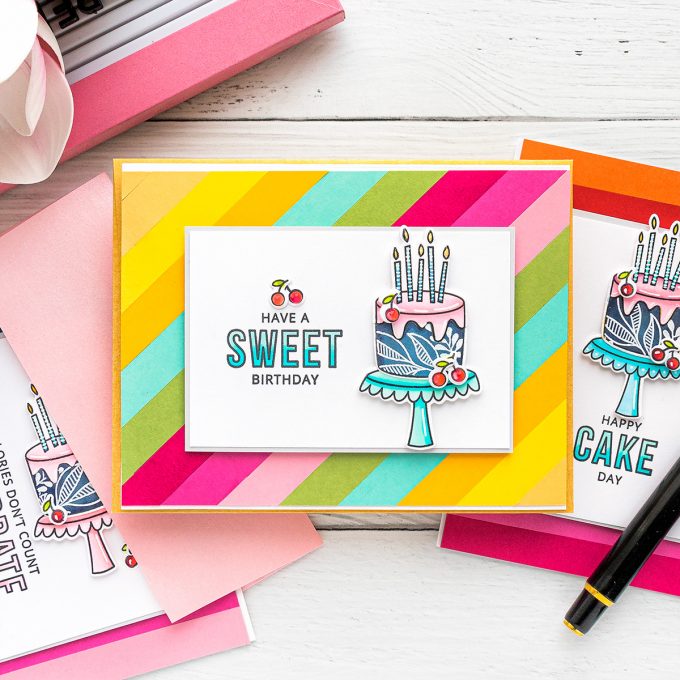 MFT Stamps | DIY Colorful Birthday cards. Video tutorial by Yana Smakula featuring Birthdays Take the Cake stamp set #MFTstamps #BirthdayCard #Cardmaking #Stamping