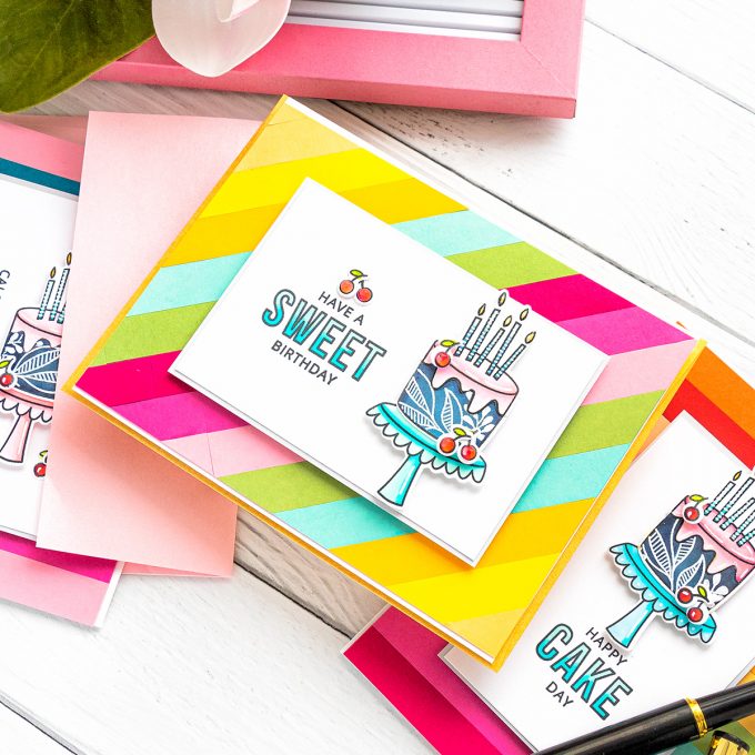 MFT Stamps | DIY Colorful Birthday cards. Video tutorial by Yana Smakula featuring Birthdays Take the Cake stamp set #MFTstamps #BirthdayCard #Cardmaking #Stamping