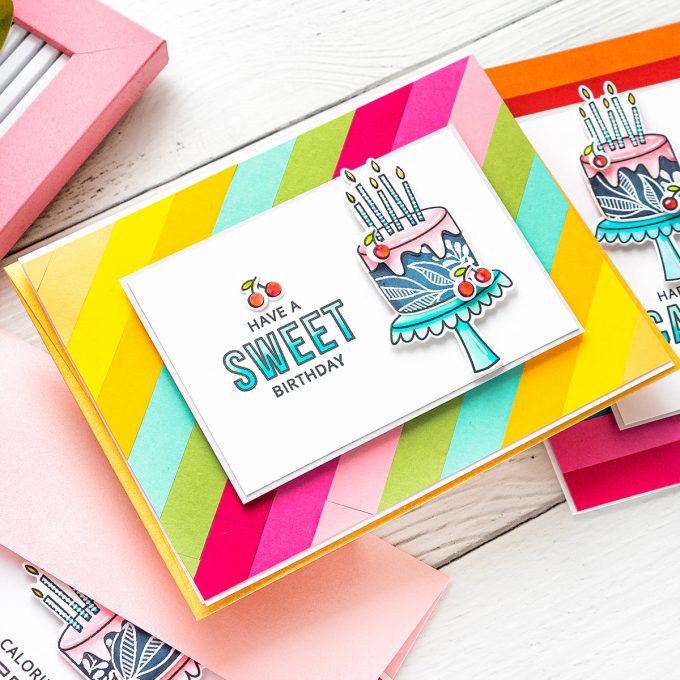 MFT Stamps | DIY Colorful Birthday cards. Video tutorial by Yana Smakula featuring Birthdays Take the Cake stamp set #MFTstamps #BirthdayCard #Cardmaking #Stamping