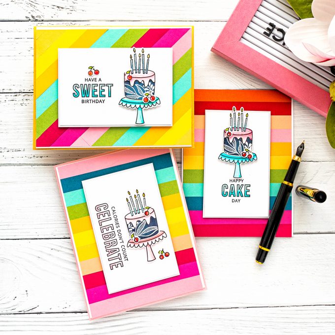MFT Stamps | DIY Colorful Birthday cards. Video tutorial by Yana Smakula featuring Birthdays Take the Cake stamp set #MFTstamps #BirthdayCard #Cardmaking #Stamping