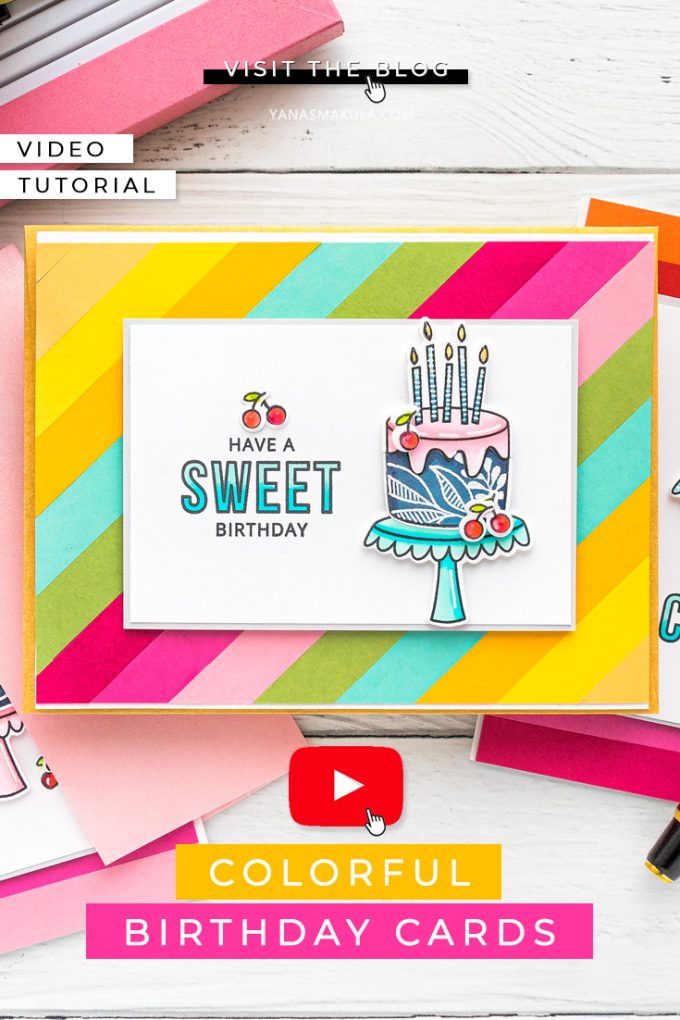 MFT Stamps | DIY Colorful Birthday cards. Video tutorial by Yana Smakula featuring Birthdays Take the Cake stamp set #MFTstamps #BirthdayCard #Cardmaking #Stamping