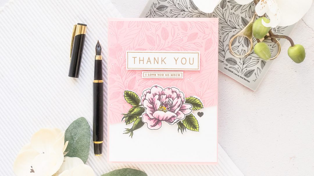 Simon Says Stamp | Floral Thank You Card by Yana Smakula featuring LEAVES AND BERRIES BACKGROUND sss102039, BEAUTIFUL FLOWERS sss101826 and GREETINGS MIX 1 sss201997 #simonsaysstamp #cardmaking #stamping #handmadecard