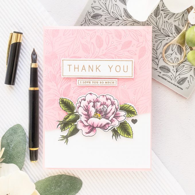 Simon Says Stamp | Floral Thank You Card by Yana Smakula featuring LEAVES AND BERRIES BACKGROUND sss102039, BEAUTIFUL FLOWERS sss101826 and GREETINGS MIX 1 sss201997 #simonsaysstamp #cardmaking #stamping #handmadecard