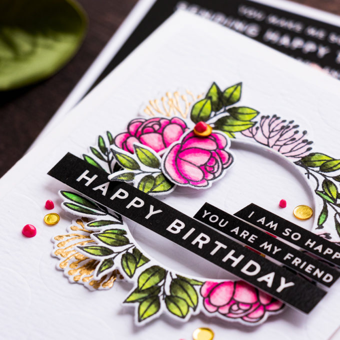 Simon Says Stamp | Floral Happy Birthday Card by Yana Smakula featuring ENTIMENT STRIPS ALL THINGS HAPPY sssg131013, LEAFY FRAMES sss201901 and Stencil EXTRA LARGE DOTS ssst121347 #simonsaysstamp #cardmaking #stamping