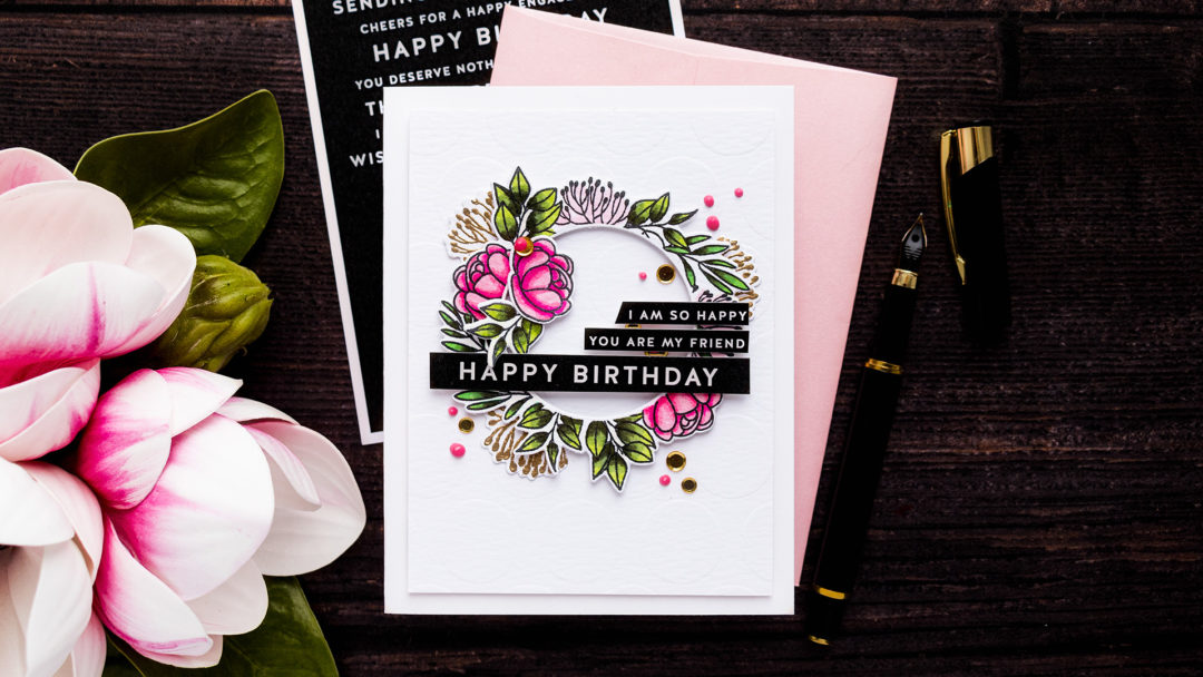 Simon Says Stamp | Floral Happy Birthday Card by Yana Smakula featuring ENTIMENT STRIPS ALL THINGS HAPPY sssg131013, LEAFY FRAMES sss201901 and Stencil EXTRA LARGE DOTS ssst121347 #simonsaysstamp #cardmaking #stamping