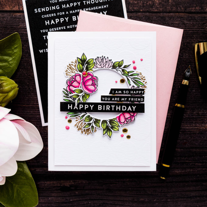 Simon Says Stamp | Floral Happy Birthday Card by Yana Smakula featuring ENTIMENT STRIPS ALL THINGS HAPPY sssg131013, LEAFY FRAMES sss201901 and Stencil EXTRA LARGE DOTS ssst121347 #simonsaysstamp #cardmaking #stamping