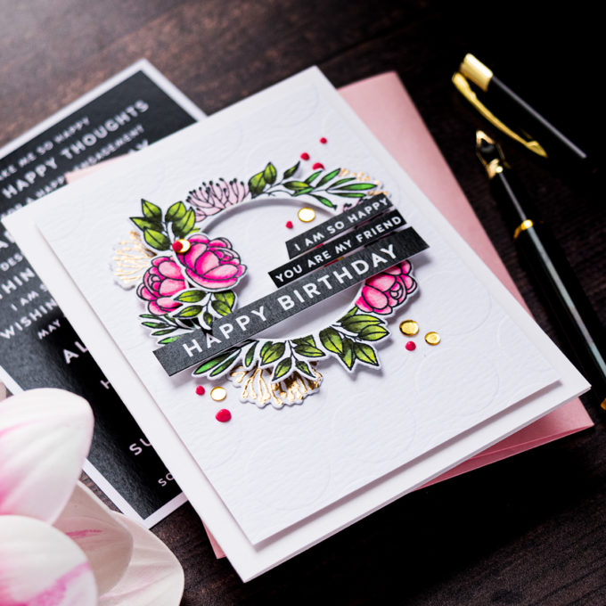 Simon Says Stamp | Floral Happy Birthday Card by Yana Smakula featuring ENTIMENT STRIPS ALL THINGS HAPPY sssg131013, LEAFY FRAMES sss201901 and Stencil EXTRA LARGE DOTS ssst121347 #simonsaysstamp #cardmaking #stamping