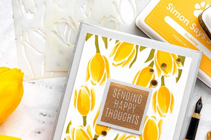 Simon Says Stamp | Layered Tulips Spring Greeting Card by Yana Smakula featuring Stencil LAYERED TULIPS ssst121476 #simonsaysstamp #cardmaking #stamping #greetingcard