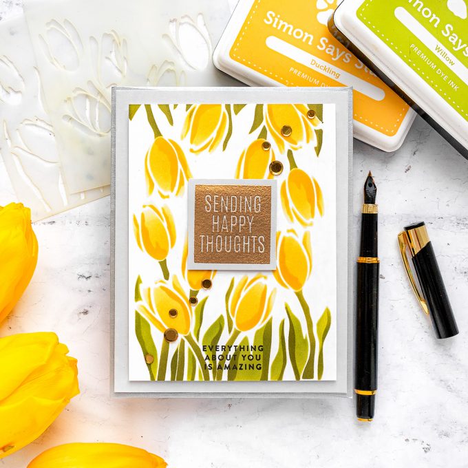 Simon Says Stamp | Layered Tulips Spring Greeting Card by Yana Smakula featuring Stencil LAYERED TULIPS ssst121476 #simonsaysstamp #cardmaking #stamping #greetingcard