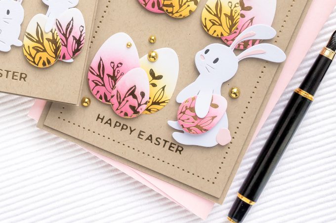 Spellbinders | Foiled Happy Easter Cards featuring March 2020 Clubs - Glimmer Hot Foil Kit of the Month – Eggstra Special; Large Die of the Month – Basket Full of Bunnies; Small Die of the Month – 24 Carrot #Spellbinders #NeverStopMaking #SpellbindersClubKits #EasterCard