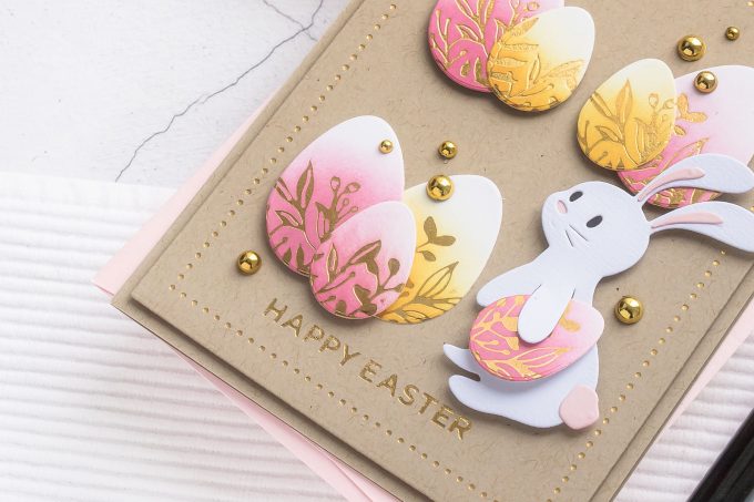 Spellbinders | Foiled Happy Easter Cards featuring March 2020 Clubs - Glimmer Hot Foil Kit of the Month – Eggstra Special; Large Die of the Month – Basket Full of Bunnies; Small Die of the Month – 24 Carrot #Spellbinders #NeverStopMaking #SpellbindersClubKits #EasterCard