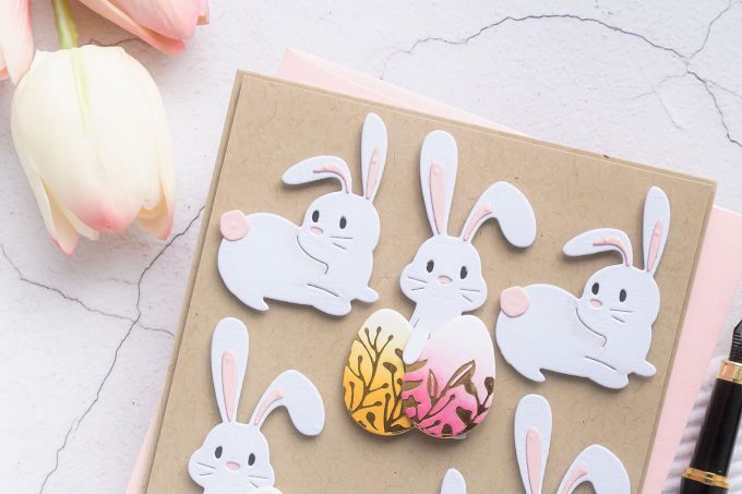 Spellbinders | Foiled Happy Easter Cards featuring March 2020 Clubs - Glimmer Hot Foil Kit of the Month – Eggstra Special; Large Die of the Month – Basket Full of Bunnies; Small Die of the Month – 24 Carrot #Spellbinders #NeverStopMaking #SpellbindersClubKits #EasterCard