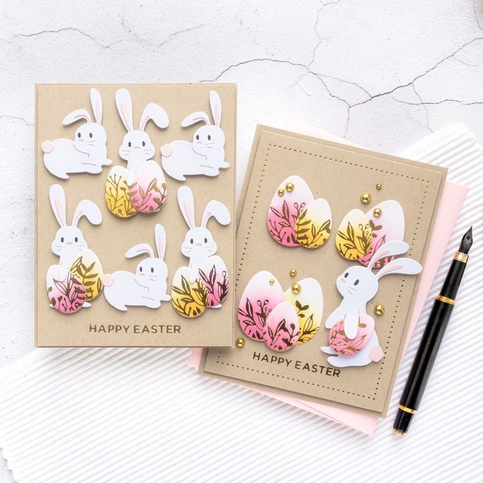 Spellbinders | Foiled Happy Easter Cards featuring March 2020 Clubs - Glimmer Hot Foil Kit of the Month – Eggstra Special; Large Die of the Month – Basket Full of Bunnies; Small Die of the Month – 24 Carrot #Spellbinders #NeverStopMaking #SpellbindersClubKits #EasterCard