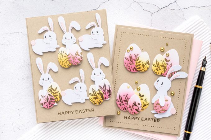 Spellbinders | Foiled Happy Easter Cards featuring March 2020 Clubs - Glimmer Hot Foil Kit of the Month – Eggstra Special; Large Die of the Month – Basket Full of Bunnies; Small Die of the Month – 24 Carrot #Spellbinders #NeverStopMaking #SpellbindersClubKits #EasterCard