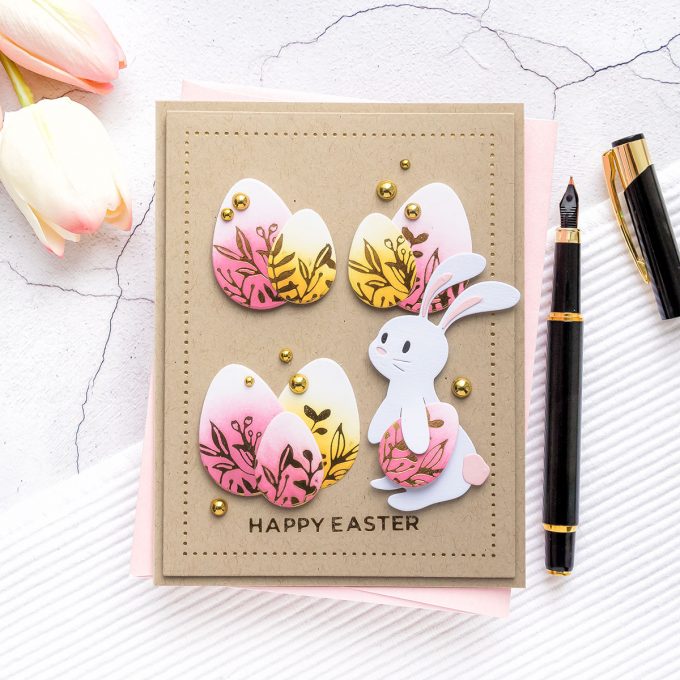 Spellbinders | Foiled Happy Easter Cards featuring March 2020 Clubs - Glimmer Hot Foil Kit of the Month – Eggstra Special; Large Die of the Month – Basket Full of Bunnies; Small Die of the Month – 24 Carrot #Spellbinders #NeverStopMaking #SpellbindersClubKits #EasterCard