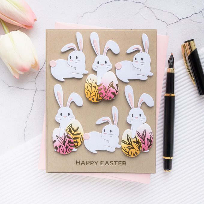 Spellbinders | Foiled Happy Easter Cards featuring March 2020 Clubs - Glimmer Hot Foil Kit of the Month – Eggstra Special; Large Die of the Month – Basket Full of Bunnies; Small Die of the Month – 24 Carrot #Spellbinders #NeverStopMaking #SpellbindersClubKits #EasterCard