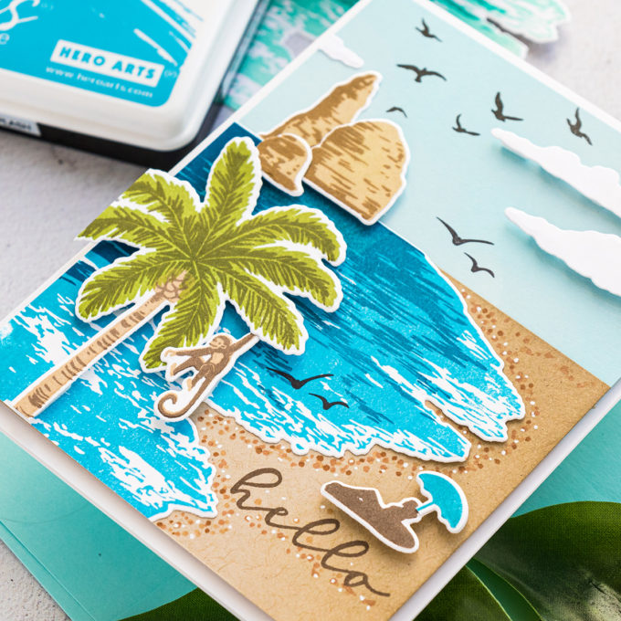 Hero Arts | Beach Heroscape Color Layering Cards. Video tutorial by Yana Smakula featuring CM447 BEACH HEROSCAPE #heroarts #cardmaking #handmadecards #colorlayering #stamping