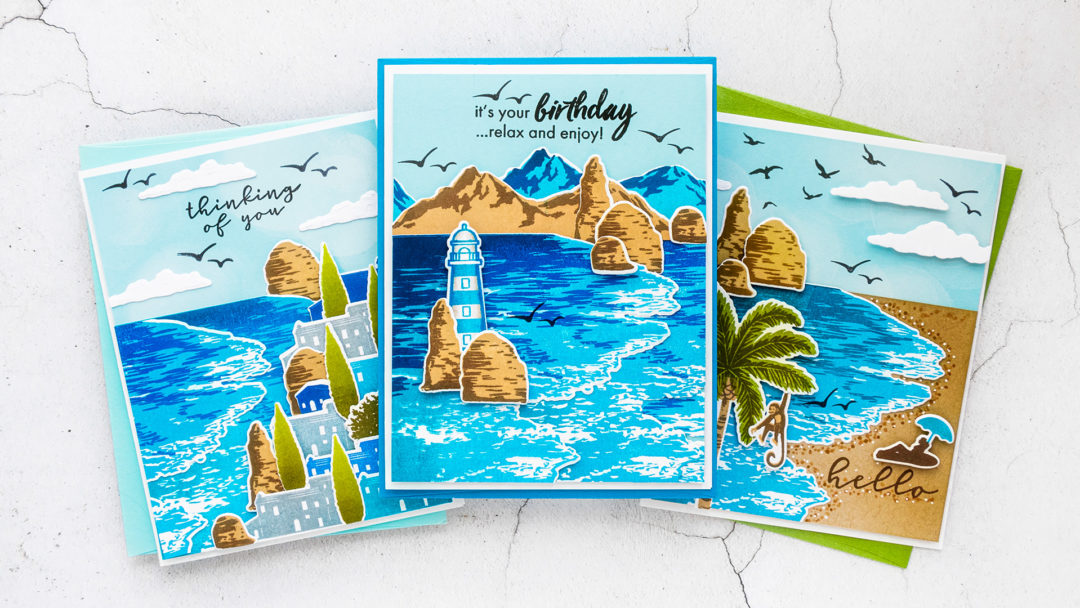 Hero Arts | Beach Heroscape Color Layering Cards. Video tutorial by Yana Smakula featuring CM447 BEACH HEROSCAPE #heroarts #cardmaking #handmadecards #colorlayering #stamping