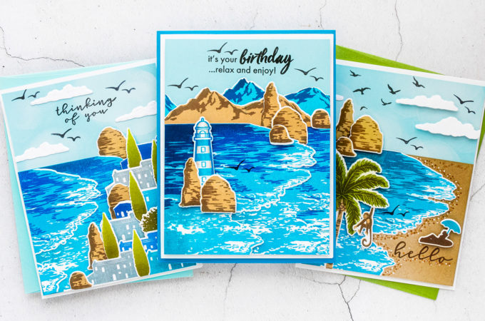 Hero Arts | Beach Heroscape Color Layering Cards. Video tutorial by Yana Smakula featuring CM447 BEACH HEROSCAPE #heroarts #cardmaking #handmadecards #colorlayering #stamping