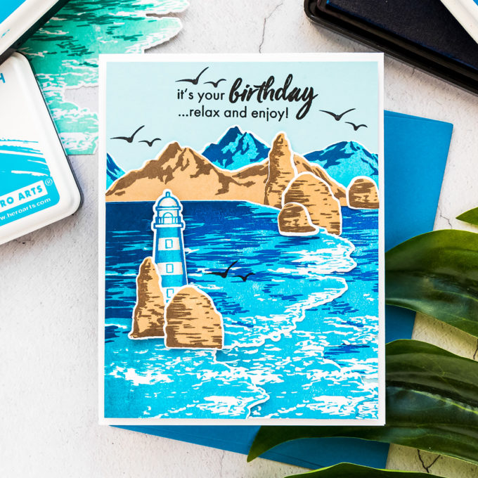 Hero Arts | Beach Heroscape Color Layering Cards. Video tutorial by Yana Smakula featuring CM447 BEACH HEROSCAPE #heroarts #cardmaking #handmadecards #colorlayering #stamping