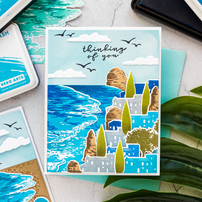 Hero Arts | Beach Heroscape Color Layering Cards. Video tutorial by Yana Smakula featuring CM447 BEACH HEROSCAPE #heroarts #cardmaking #handmadecards #colorlayering #stamping