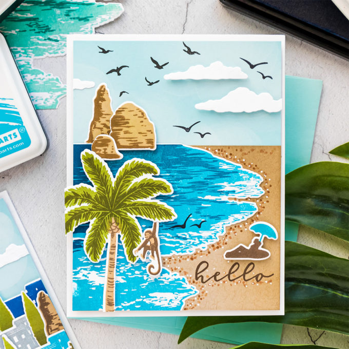 Hero Arts | Beach Heroscape Color Layering Cards. Video tutorial by Yana Smakula featuring CM447 BEACH HEROSCAPE #heroarts #cardmaking #handmadecards #colorlayering #stamping