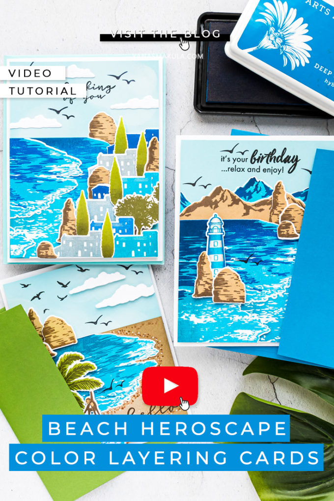 Hero Arts | Beach Heroscape Color Layering Cards. Video tutorial by Yana Smakula featuring CM447 BEACH HEROSCAPE #heroarts #cardmaking #handmadecards #colorlayering #stamping