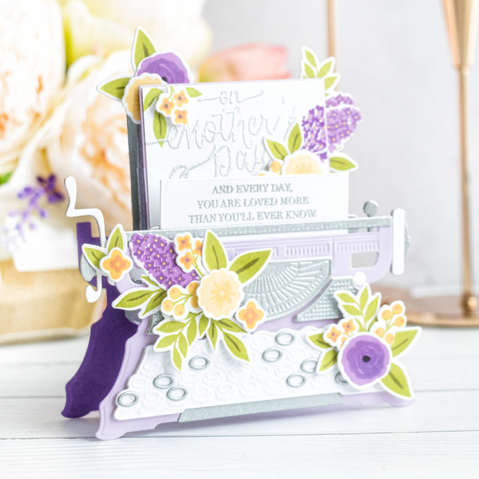 Spellbinders | Dimensional Typewriter Mother's Day Card. April 2020 Amazing Paper Grace Die of the Month Club. Video tutorial by Yana Smakula #Spellbinders #NeverStopMaking #Diecutting #SpellbindersClubKits #AmazingPaperGraceDieOfTheMonth