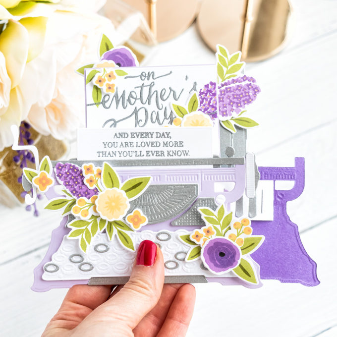 Spellbinders | Dimensional Typewriter Mother's Day Card. April 2020 Amazing Paper Grace Die of the Month Club. Video tutorial by Yana Smakula #Spellbinders #NeverStopMaking #Diecutting #SpellbindersClubKits #AmazingPaperGraceDieOfTheMonth