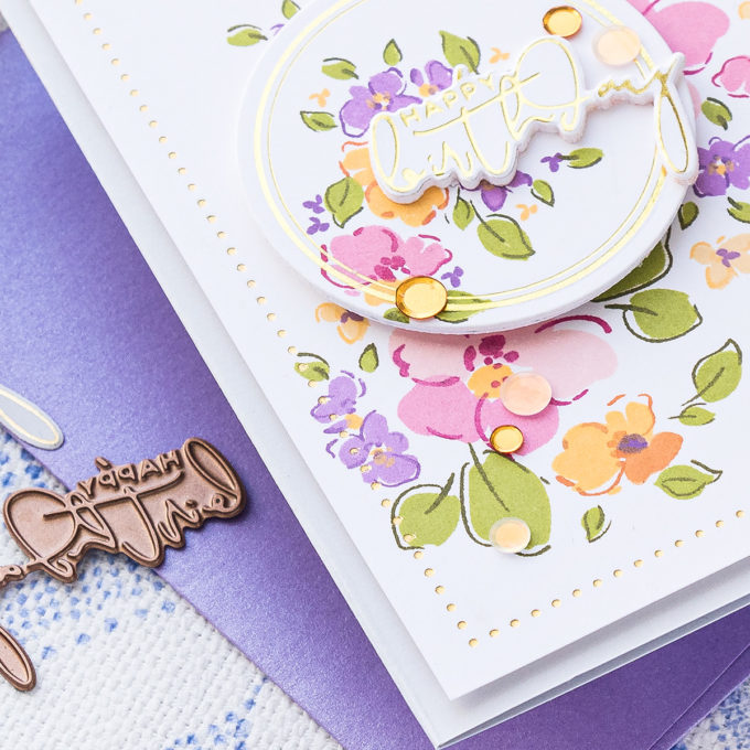 WPlus9 | Foiled Floral Birthday Card by Yana Smakula featuring WPlus9 Thinking of You stamp set + Spellbinders Yana's Foiled Sentiments #wplus9 #Spellbinders #hotfoiling #cardmaking 