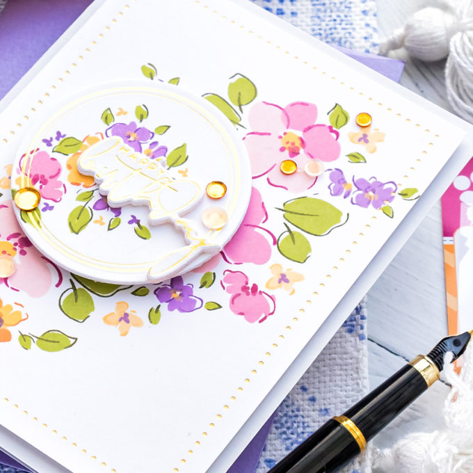 WPlus9 | Foiled Floral Birthday Card by Yana Smakula featuring WPlus9 Thinking of You stamp set + Spellbinders Yana's Foiled Sentiments #wplus9 #Spellbinders #hotfoiling #cardmaking 