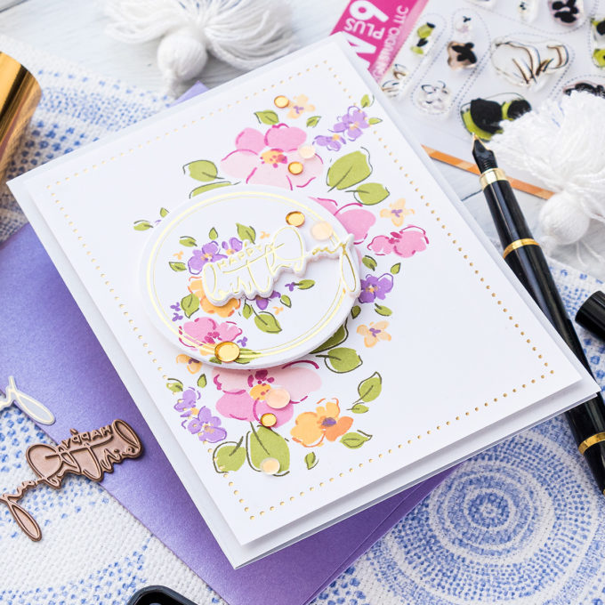 WPlus9 | Foiled Floral Birthday Card by Yana Smakula featuring WPlus9 Thinking of You stamp set + Spellbinders Yana's Foiled Sentiments #wplus9 #Spellbinders #hotfoiling #cardmaking 