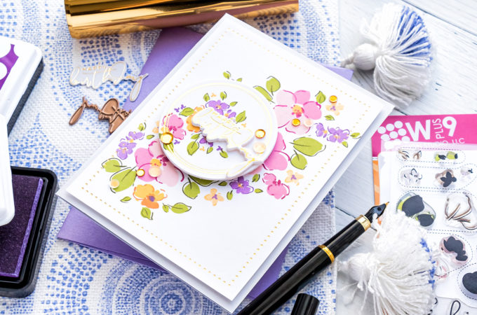 WPlus9 | Foiled Floral Birthday Card by Yana Smakula featuring WPlus9 Thinking of You stamp set + Spellbinders Yana's Foiled Sentiments #wplus9 #Spellbinders #hotfoiling #cardmaking