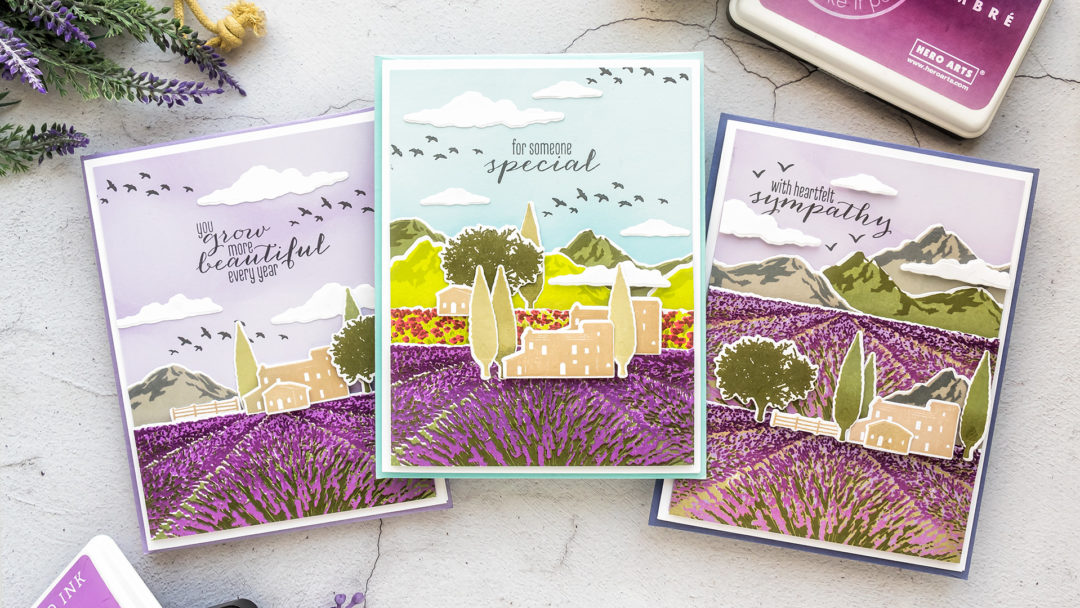 Hero Arts | Lavender Field Heroscape | Color Layering Card With Yana Series. Video tutorial by Yana Smakula #cardmaking #heroarts #colorlayering #stamping