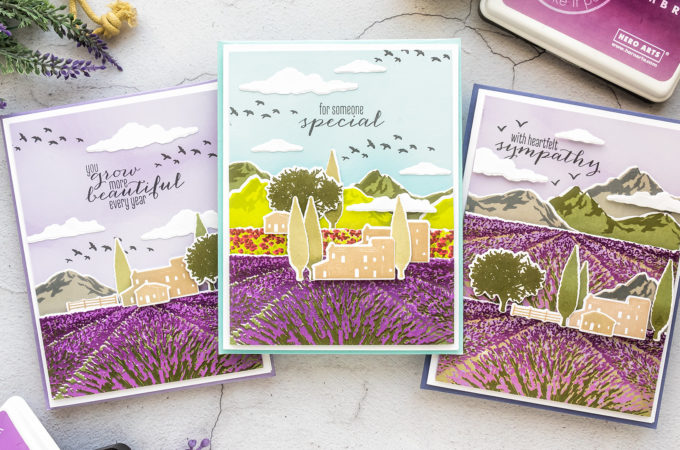 Hero Arts | Lavender Field Heroscape | Color Layering Card With Yana Series. Video tutorial by Yana Smakula #cardmaking #heroarts #colorlayering #stamping