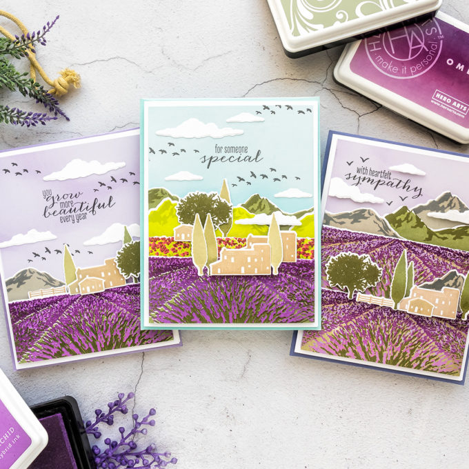 Hero Arts | Lavender Field Heroscape | Color Layering Card With Yana Series. Video tutorial by Yana Smakula #cardmaking #heroarts #colorlayering #stamping