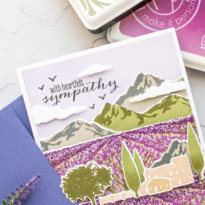 Hero Arts | Lavender Field Heroscape | Color Layering Card With Yana Series. Video tutorial by Yana Smakula #cardmaking #heroarts #colorlayering #stamping