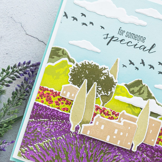 Hero Arts | Lavender Field Heroscape | Color Layering Card With Yana Series. Video tutorial by Yana Smakula #cardmaking #heroarts #colorlayering #stamping