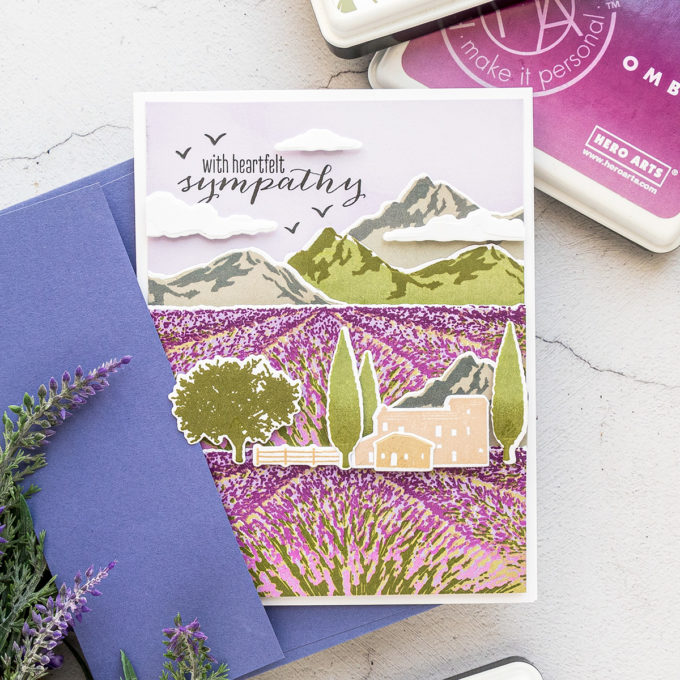 Hero Arts | Lavender Field Heroscape | Color Layering Card With Yana Series. Video tutorial by Yana Smakula #cardmaking #heroarts #colorlayering #stamping