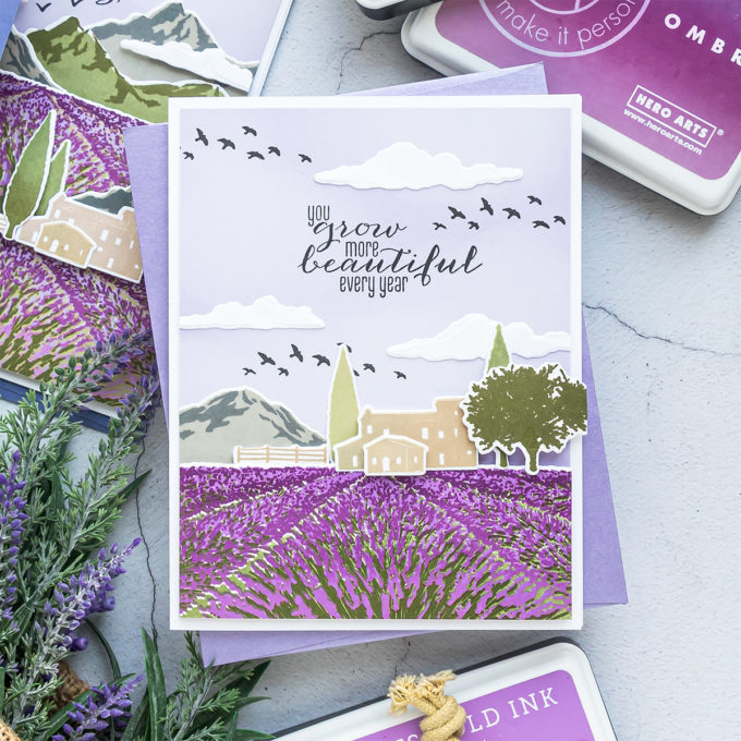 Hero Arts | Lavender Field Heroscape | Color Layering Card With Yana Series. Video tutorial by Yana Smakula #cardmaking #heroarts #colorlayering #stamping