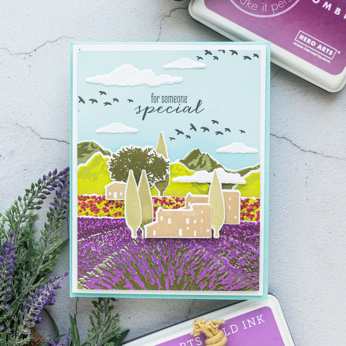 Hero Arts | Lavender Field Heroscape | Color Layering Card With Yana Series. Video tutorial by Yana Smakula #cardmaking #heroarts #colorlayering #stamping