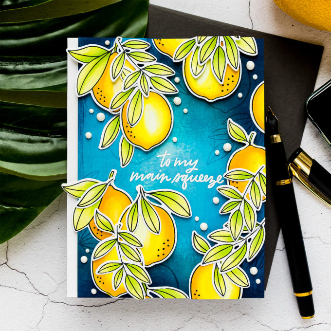 Citrus Card with My Favorite Things. Cardmaking process video & tutorial with Yana Smakula #MFTStamps #cardmaking #stamping #copiccoloring