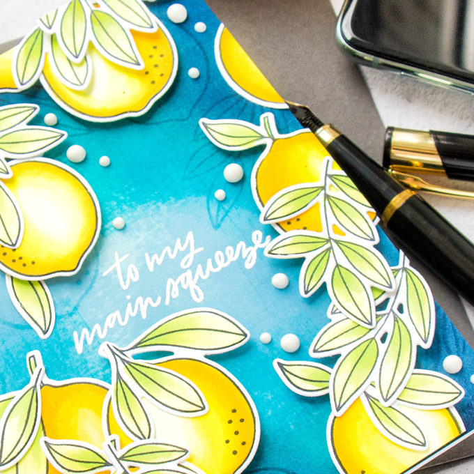 Citrus Card with My Favorite Things. Cardmaking process video & tutorial with Yana Smakula #MFTStamps #cardmaking #stamping #copiccoloring