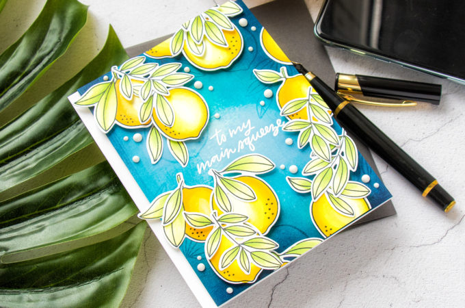 Citrus Card with My Favorite Things. Cardmaking process video & tutorial with Yana Smakula #MFTStamps #cardmaking #stamping #copiccoloring