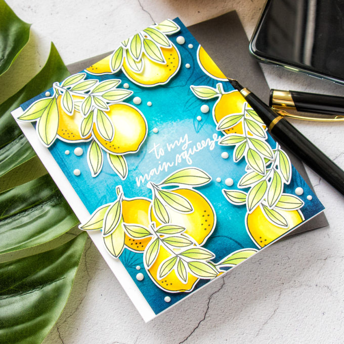 Citrus Card with My Favorite Things. Cardmaking process video & tutorial with Yana Smakula #MFTStamps #cardmaking #stamping #copiccoloring