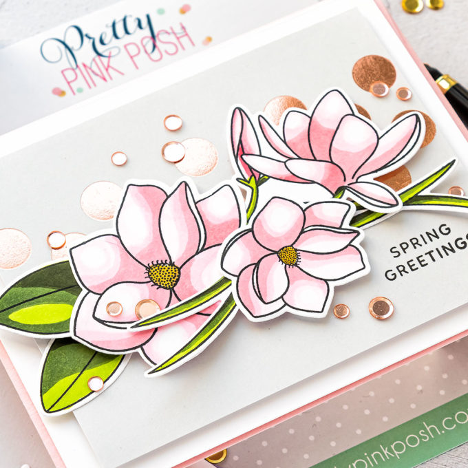 Pretty Pink Posh | Spring Tulips Copic Colored Greetings cards by Yana Smakula Featuring: Magnolia Flowers and Crocus Flowers stamp sets from Pretty Pink Posh #PrettyPinkPosh #Cardmaking #Stamping #CopicColoring